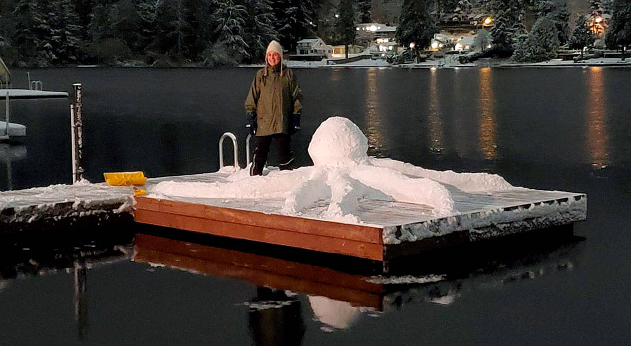 With help from the snow, Lori Montoya Brazel brought to life the “Kraken” of Steel Lake in Federal Way. Photo courtesy of Lori Montoya Brazel
