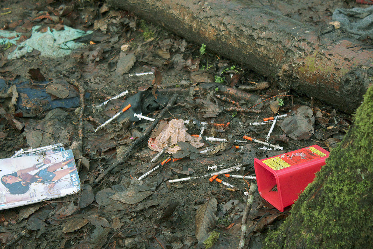 Needles littered the ground throughout a homeless encampment in 2019 at Federal Way’s Hylebos Wetlands, which is public property. Olivia Sullivan/Sound Publishing