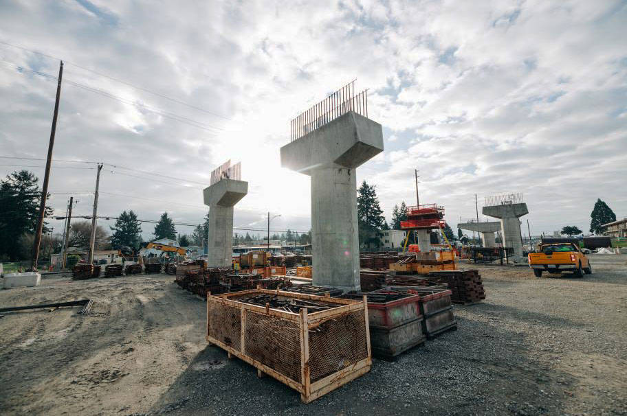 Crews installed columns earlier this year for the light rail station in Kent. Now crews are installing the first girders for the elevated station and track. COURTESY PHOTO, Sound Transit