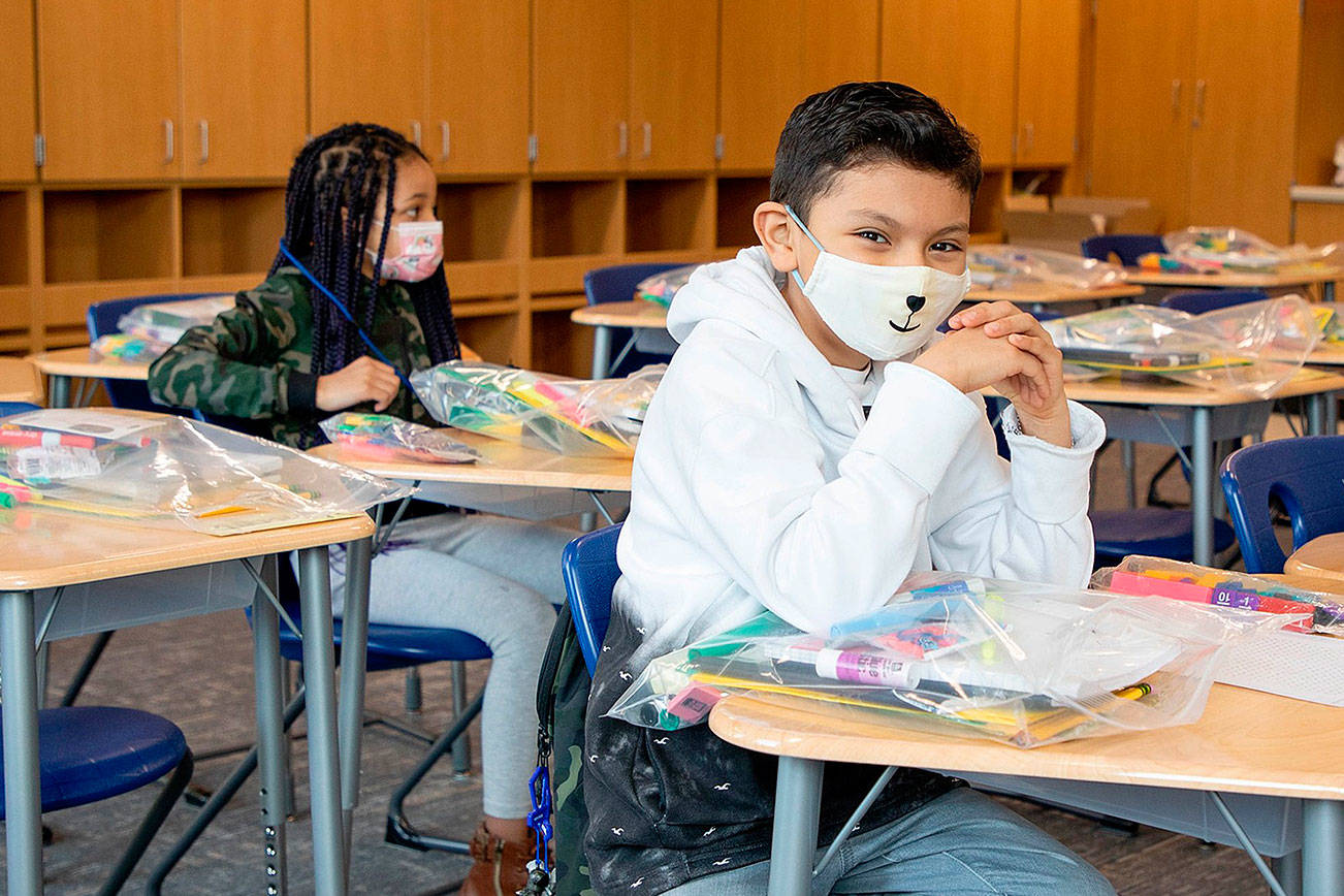 A student smiles from behind a mask on the first day of school on April 1. Photo courtesy of Federal Way Public Schools