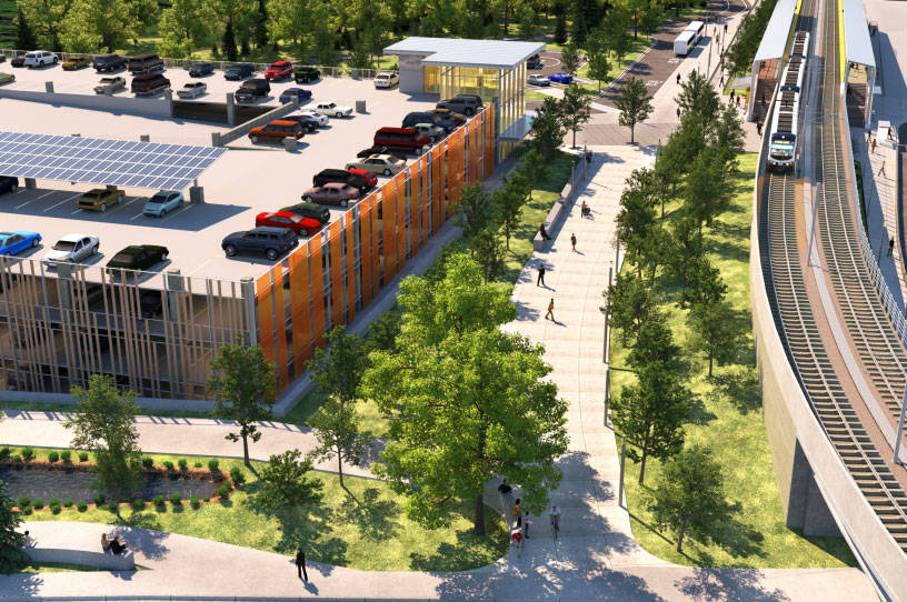 A rendering of the light rail parking garage to be built at South 272nd Street near I-5 in Kent. COURTESY IMAGE, Sound Transit