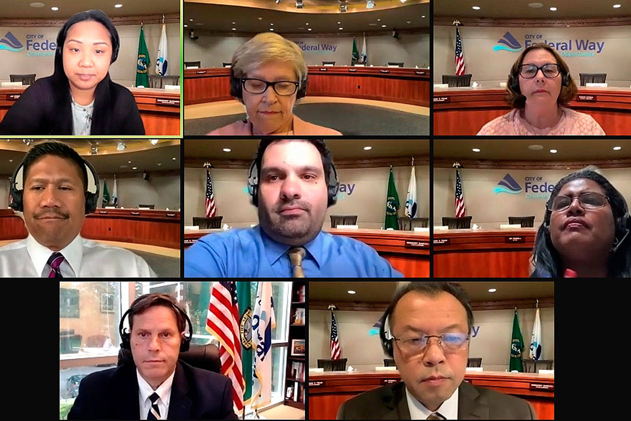 Federal Way City Council pictured on May 18. Zoom screenshot