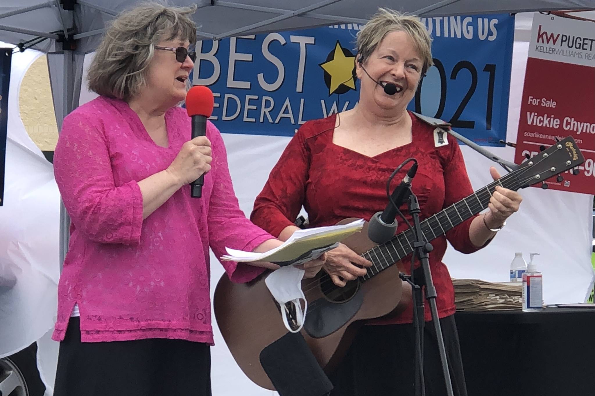 Carolyn Davis, left, and Jan Barber (as the duo Faux Pas) perform “River” by Bill Staines during the Aug. 7 edition of Federal Way’s Got Talent. Photo by Andy Hobbs/Federal Way Mirror