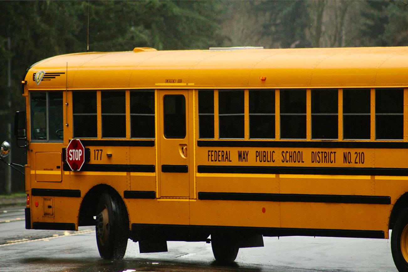 Olivia Sullivan/staff photo
A Federal Way Public Schools bus leaves Decatur High School on March 13, 2020, unknowingly the last day students would be in school for the 2019-2020 school year.