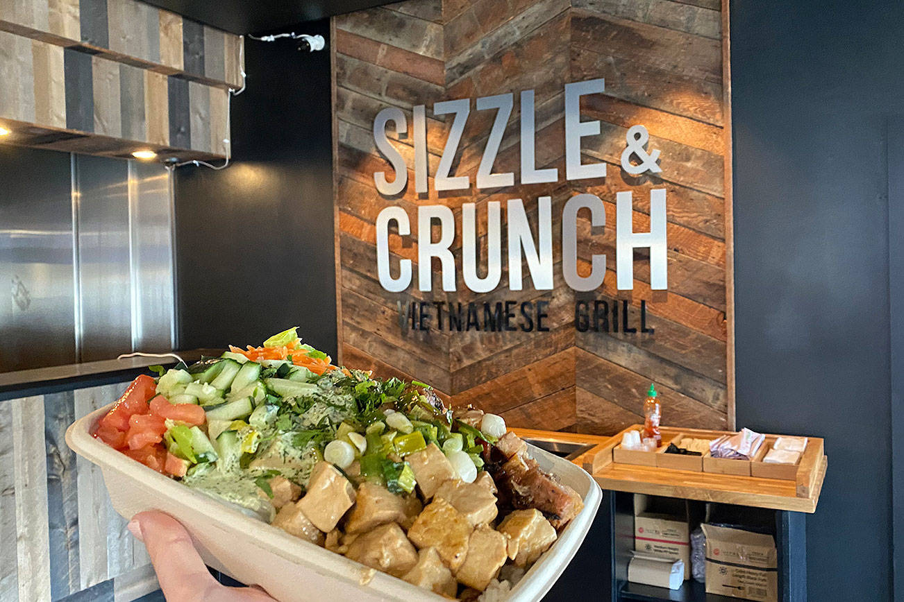 Rice and noodle bowl with marinated chicken and tofu from the newest Sizzle & Crunch location at 31448 Pacific Highway S. in Federal Way. Olivia Sullivan/the Mirror