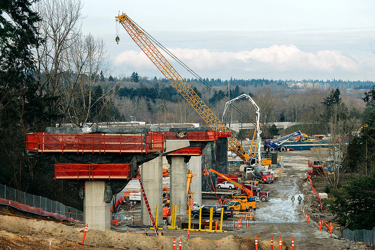 A shot looking north of the columns being constructed in SeaTac February 10, 2021. Part of the Federal Way Link Extension. Photo courtesy of Sound Transit