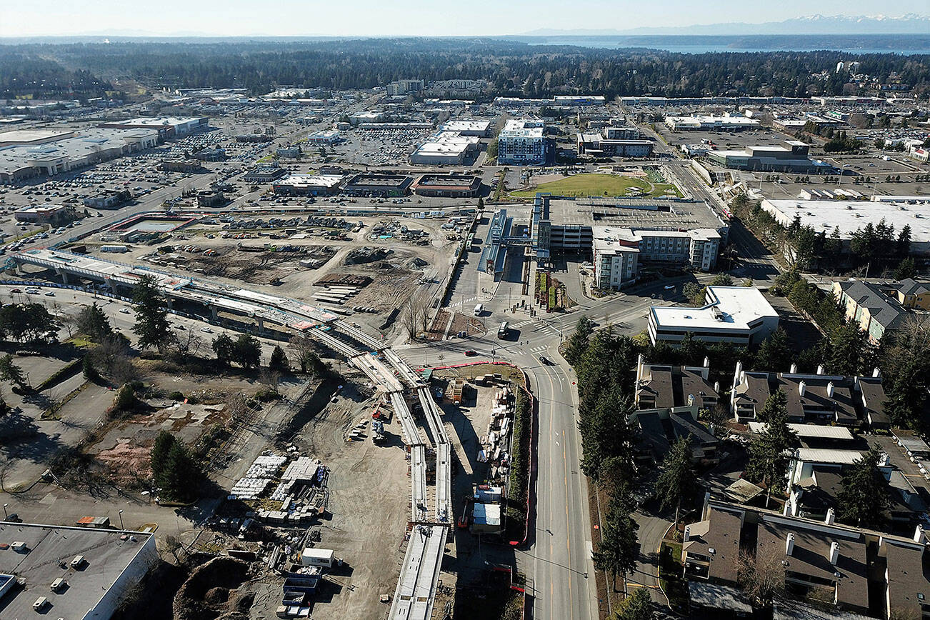Looking west, the Sound Transit Federal Way Link Extension construction is taking shape in the city’s core. Photo courtesy of Bruce Honda