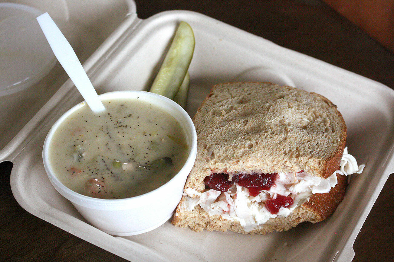 Turkey cranberry sandwich and cup of creamy turkey soup (Cameron Sheppard/Sound Publishing)