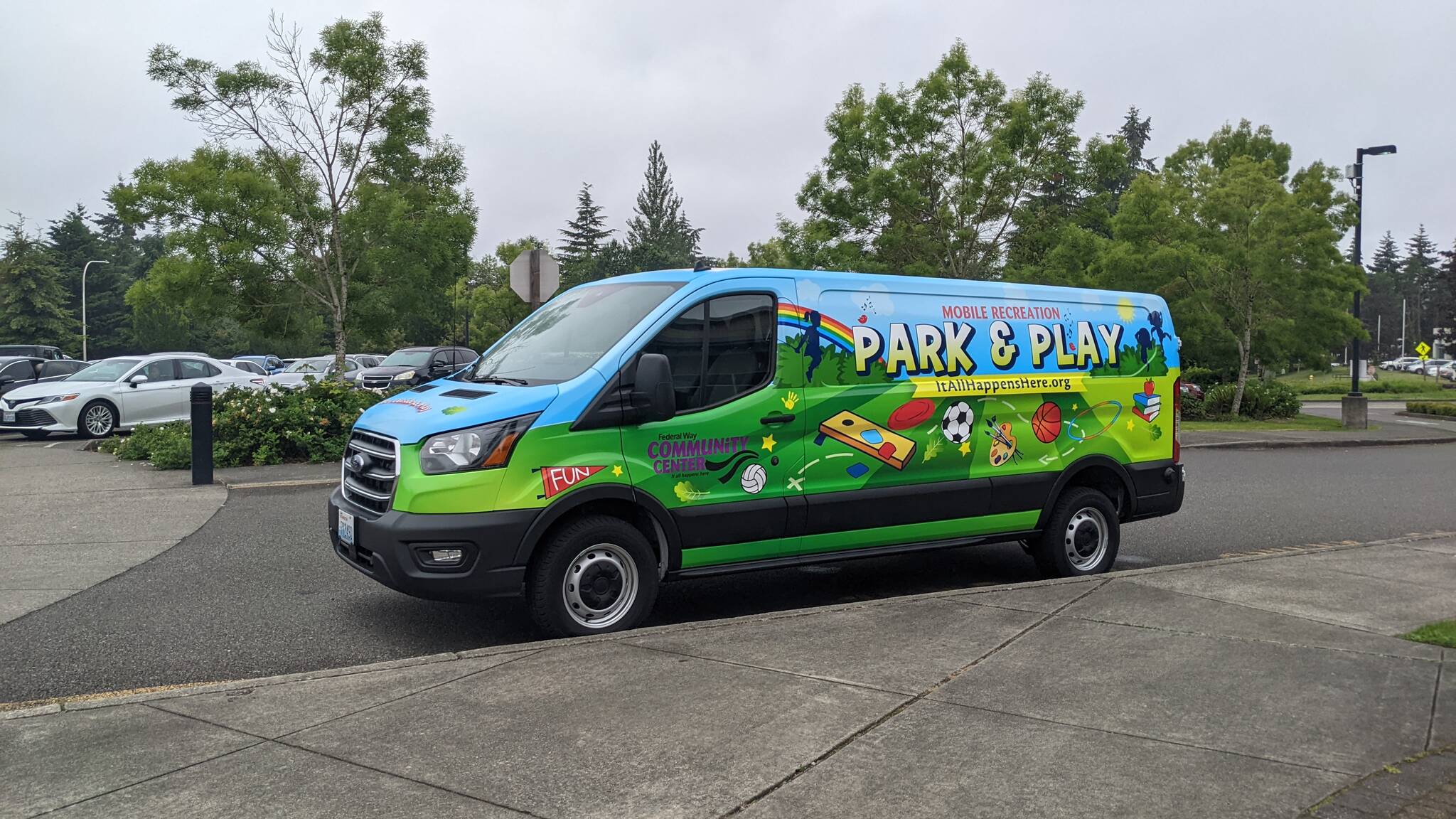 Newly decorated Park and Play van outside the Federal Way Community Center on June 6, 2022. Photo credit: Sarah Fox