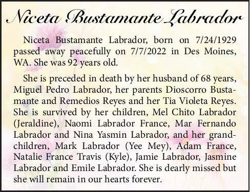 Niceta Bustamante Labrador | Obituary