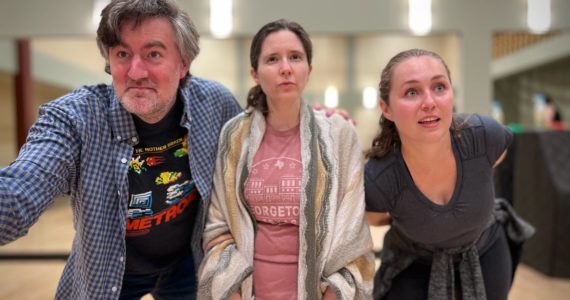 Ben Stahl, Taylor Davis and Cassie Jo Fastabend perform a scene from The Oregon Trail in rehearsals. Photo courtesy of Kyle Sinclair