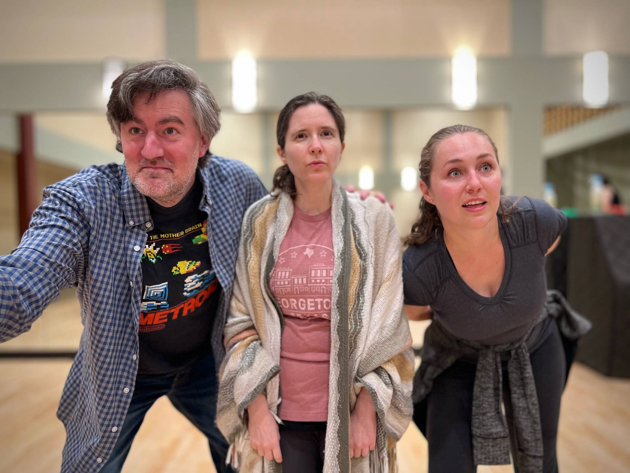Ben Stahl, Taylor Davis and Cassie Jo Fastabend perform a scene from The Oregon Trail in rehearsals. Photo courtesy of Kyle Sinclair