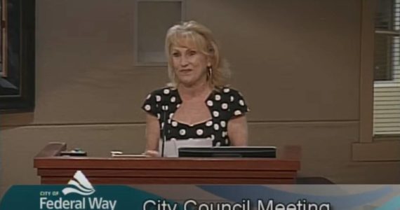 Screenshot from YouTube
Shelly Cain addresses the Federal Way City Council and gathered audience during their Aug. 9 meeting, in which Cain was recognized for her volunteer work at the city’s Friendship Theatre program.