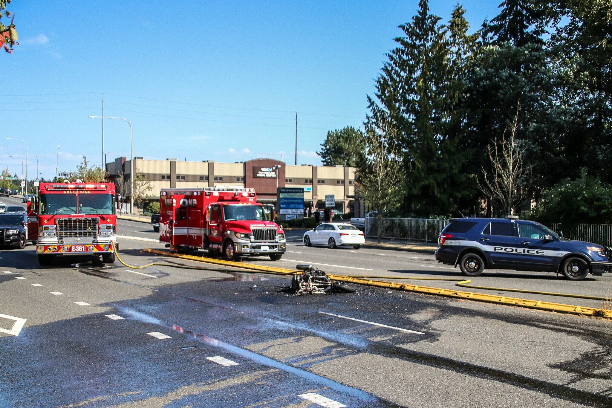 South King Fire and Rescue crews and Federal Way Police responded to a vehicle vs. motorcycle collision along South 348th Street in Federal Way on Aug. 23. Photo courtesy of Josh Hoffman