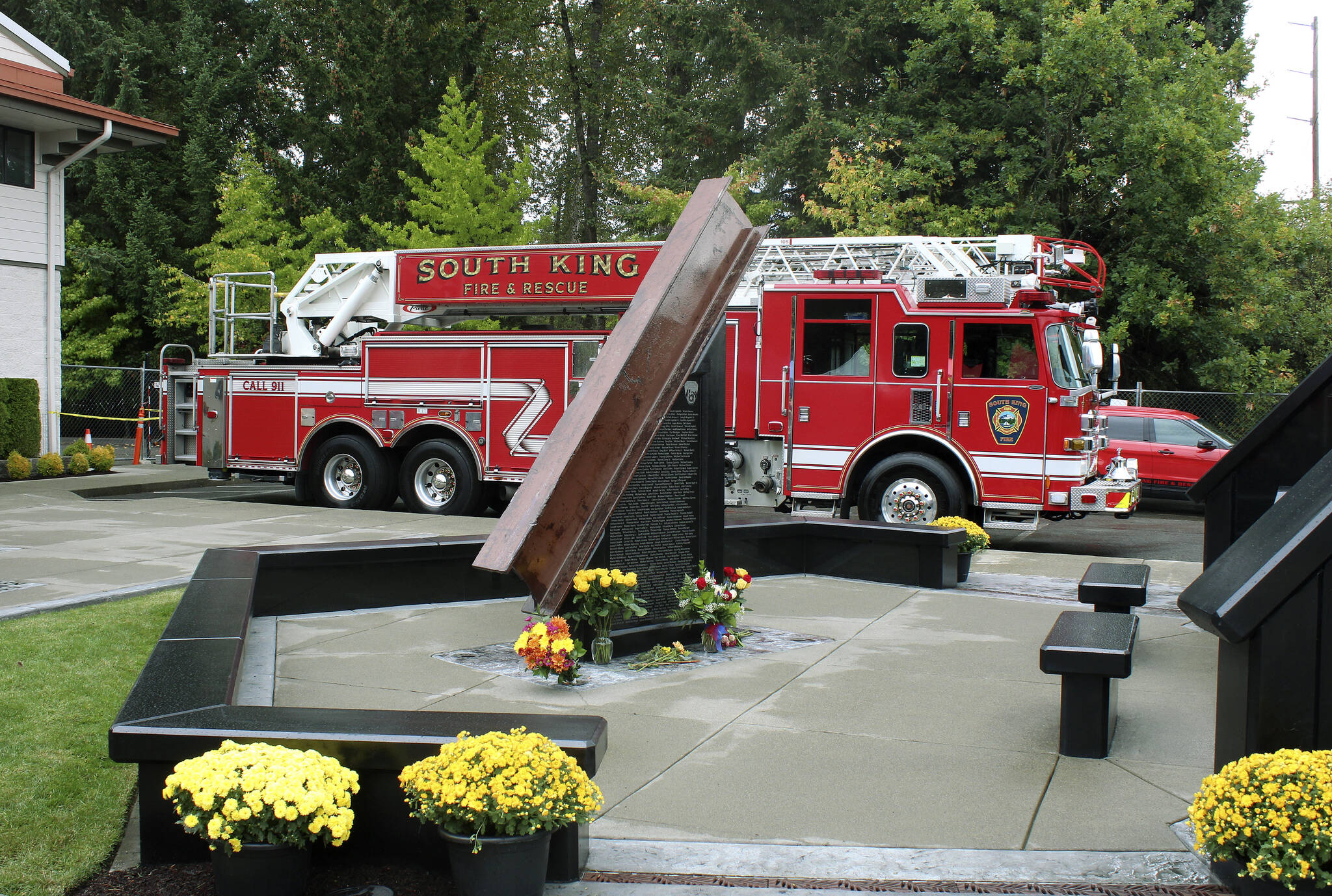 A 10-foot steel beam from the wreckage of the World Trade Center in New York is part of the South King Fire and Rescue’s memorial honoring the lives lost in the Sept. 11, 2001 terrorist attack. Olivia Sullivan/the Mirror
