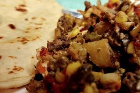 Photo courtesy of
 Vickie Chynoweth
Roasted vegetables with ground beef.