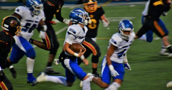 The Thomas Jefferson Raiders hosted the Federal Way Eagles on Sept. 9 at Memorial Stadium. The Eagles were able to capitalize on a couple punt returns for touchdowns early in the game and cruised to a 33-0 win. Photos courtesy of Bruce Honda