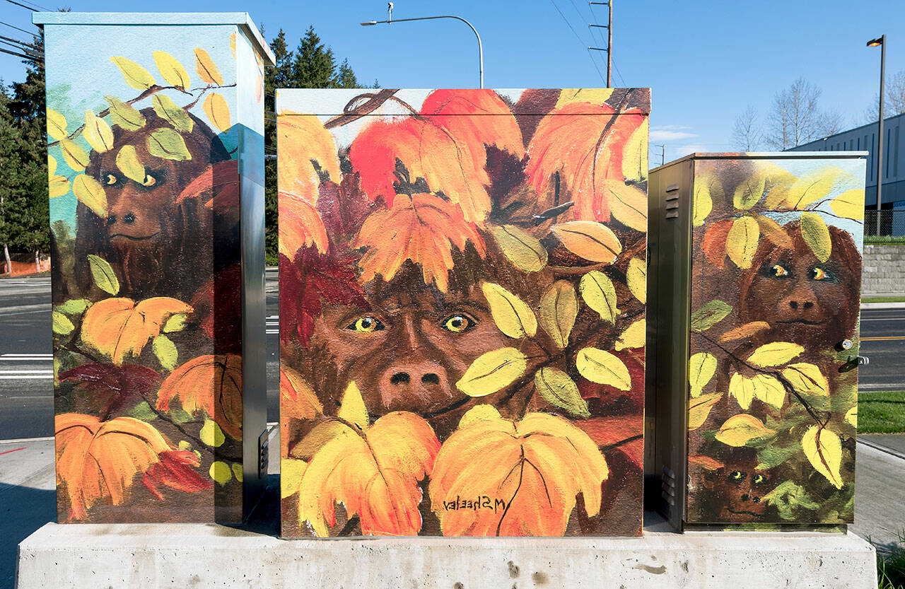 The Sasquatch-themed utility box sits on the corner of S 352nd and Pacific Highway 99 in Federal Way. Photo courtesy of the Federal Way Arts Commission