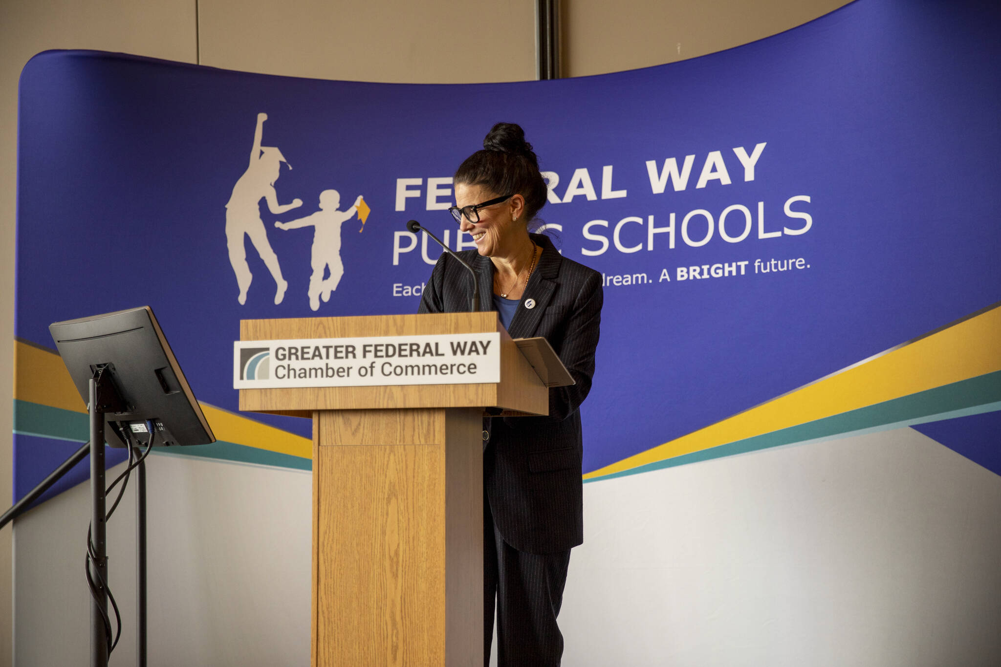 Dr. Dani Pfeiffer speaks to a full house at the Greater Federal Way Chamber of Commerce luncheon at the Federal Way Performing Arts and Event Center on Nov. 2. Photo courtesy of Federal Way Public Schools