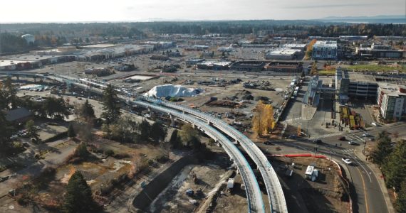 A view of the Federal Way Link Extension route looking west over downtown Federal Way in Nov. 2022. Photo courtesy of Bruce Honda