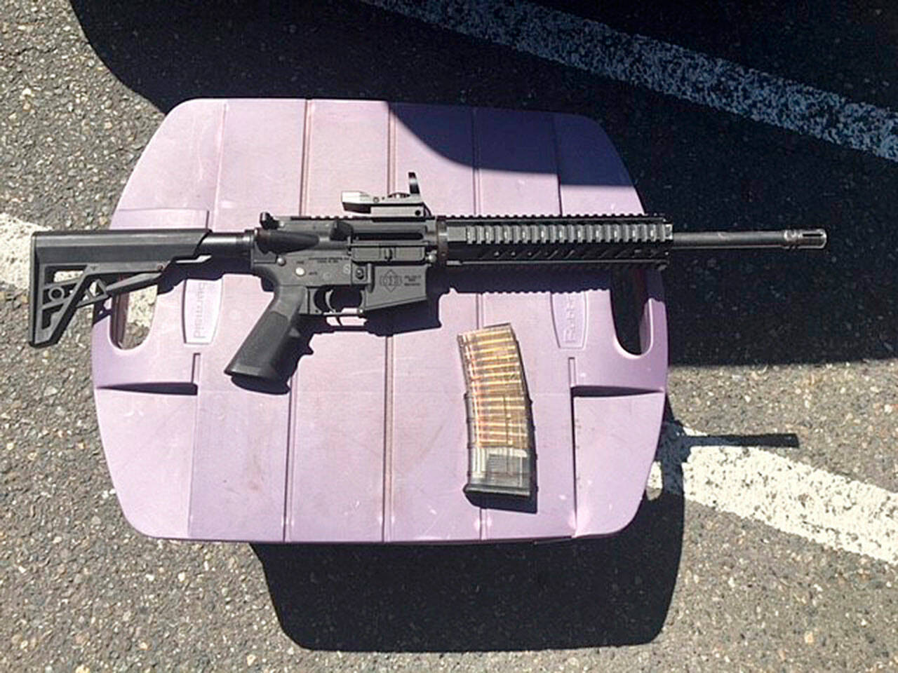 AR-15 rifle and a loaded magazine that were recovered from a suspect in a 2018 shooting incident at the Kent Station parking garage. File photo courtesy of King County Sheriff’s Office