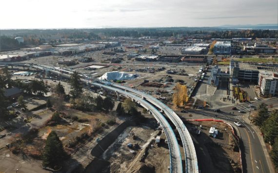A view of the Federal Way Link Extension route looking west over downtown Federal Way in Nov. 2022. Photo courtesy of Bruce Honda