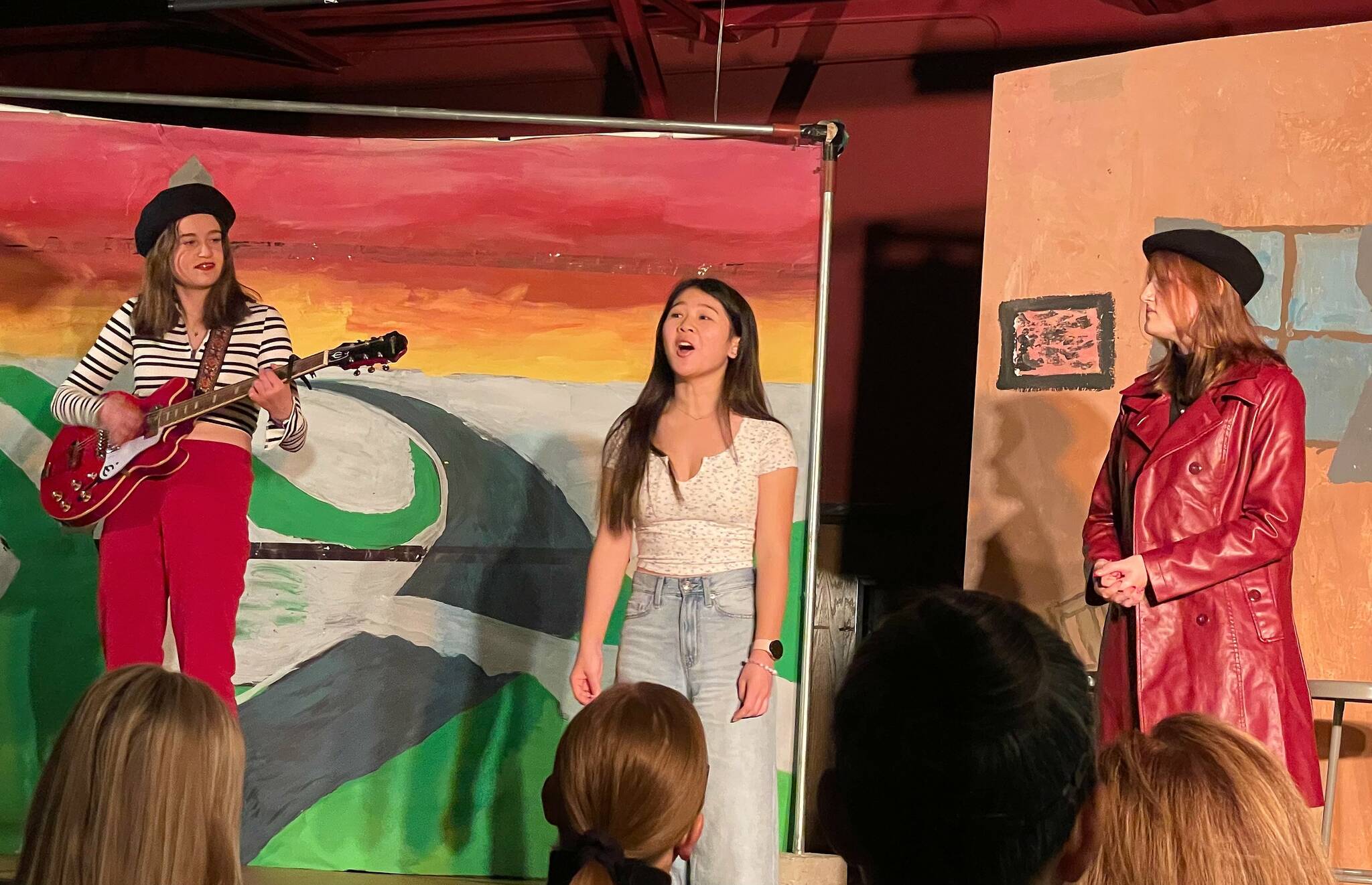 Alinea Kirshenbaum, in the black-and-white striped shirt, debuted her musical “City of Lights” this month at the Federal Way Public Academy. Photos taken and shared by Valerie Bradshaw, FWPA Office Manager / Registrar.