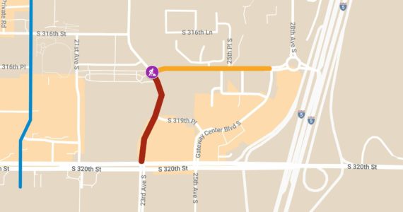 This map shows some of the changes coming to the transit center area. Part of 23rd Avenue S (highlighted in red) will become northbound only. South 317th Street (orange) will have its center turn lane eliminated. Pete von Reichbauer Way South (blue) will be restriped to expand road capacity. And a new roundabout (purple) will be installed at the 23rd Avenue South / S 317th Street intersection by the end of the year. Image visualized using Google My Maps, using information from Sound Transit. Alex Bruell / The Mirror.