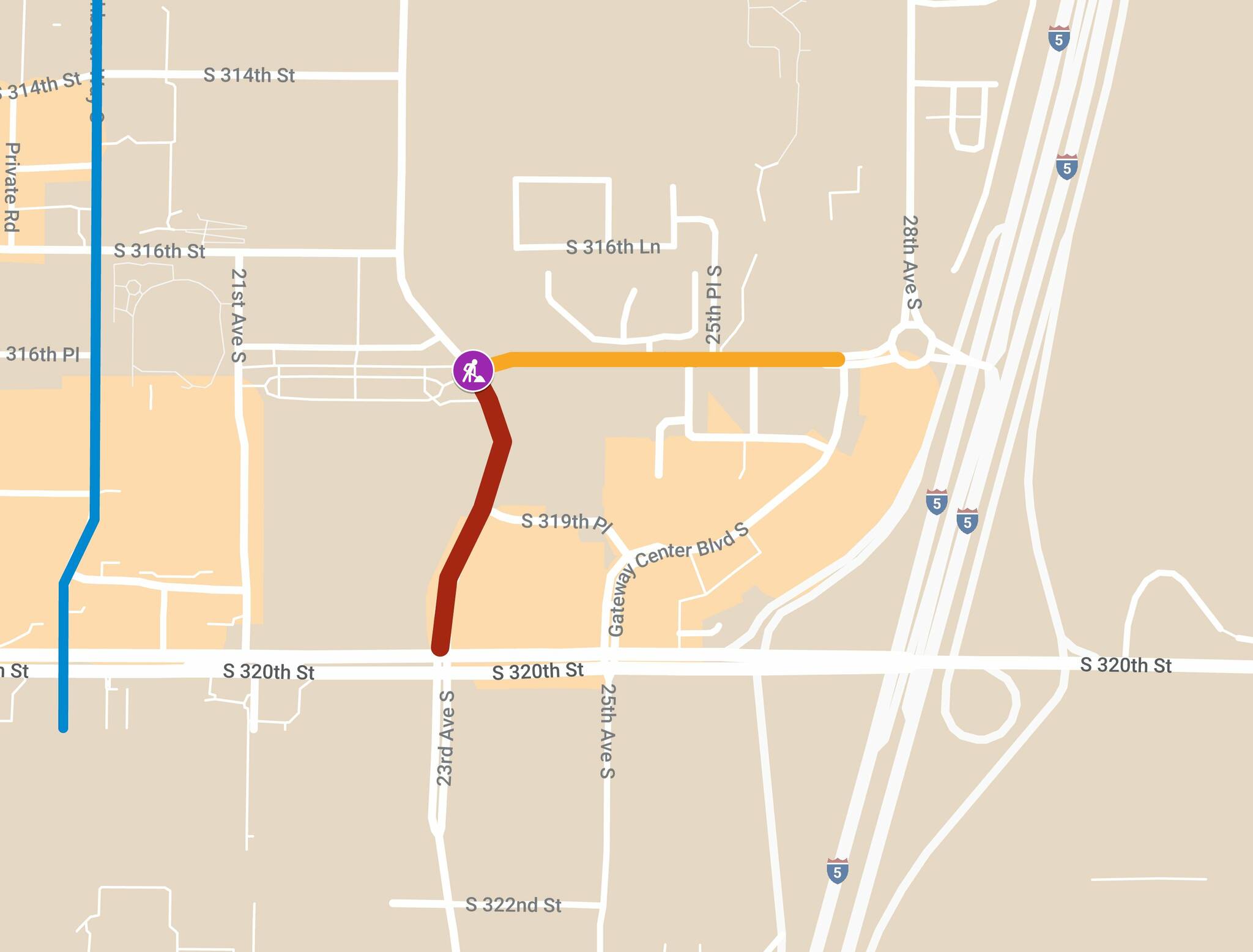 This map shows some of the changes coming to the transit center area. Part of 23rd Avenue S (highlighted in red) will become northbound only. South 317th Street (orange) will have its center turn lane eliminated. Pete von Reichbauer Way South (blue) will be restriped to expand road capacity. And a new roundabout (purple) will be installed at the 23rd Avenue South / S 317th Street intersection by the end of the year. Image visualized using Google My Maps, using information from Sound Transit. Alex Bruell / The Mirror.