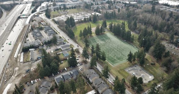Aerial photo of the soccer fields and skate park near Steel Lake. Photo courtesy of Bruce Honda