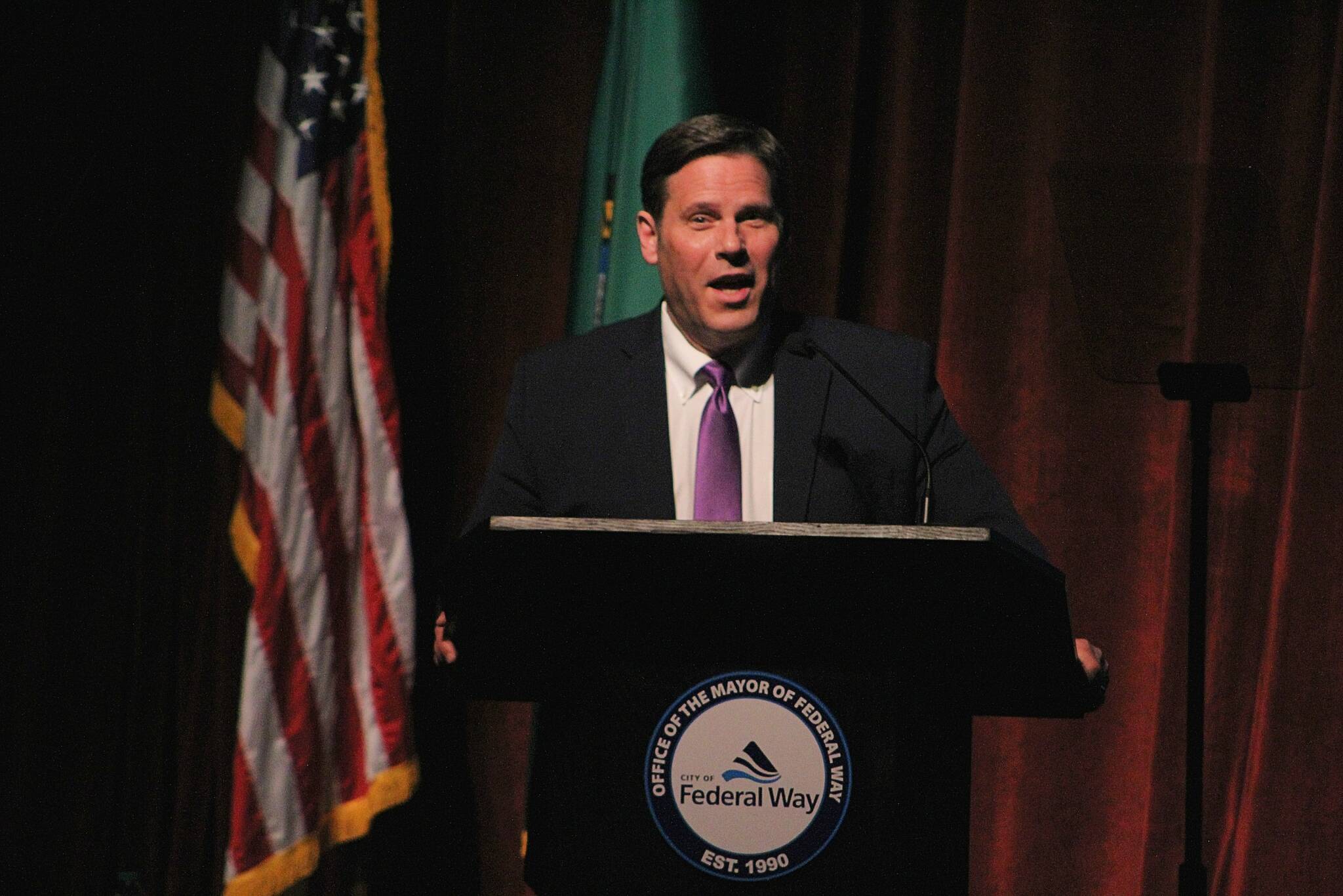Federal Way Mayor Jim Ferrell spoke to the city’s business opportunities and his desire to see legislative change in policing during the Feb. 16, 2023, State of the City Address. Alex Bruell / The Mirror