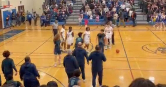 Screenshot of a video that shows the start of the tussle at the Todd Beamer High School vs. Stadium High School boys basketball game Feb. 17.
