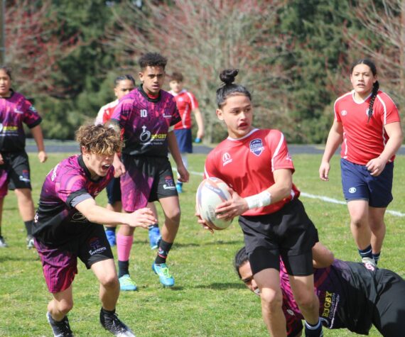 Alex Bruell / The Mirror 
The Federal Way Warriors under-14 team (purple) played a hard-fought game March 25 but ultimately fell to the Rainier Highlanders.