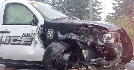 In this 2019 file photo: A Kent Police SUV is recovered near Interstate 90 and Highway 18 after a woman reportedly stole the vehicle near Kentridge High School and led police on a pursuit. Officers arrested the woman in the vehicle near I-90 and Highway 18. Nobody was injured during the pursuit. COURTESY PHOTO
