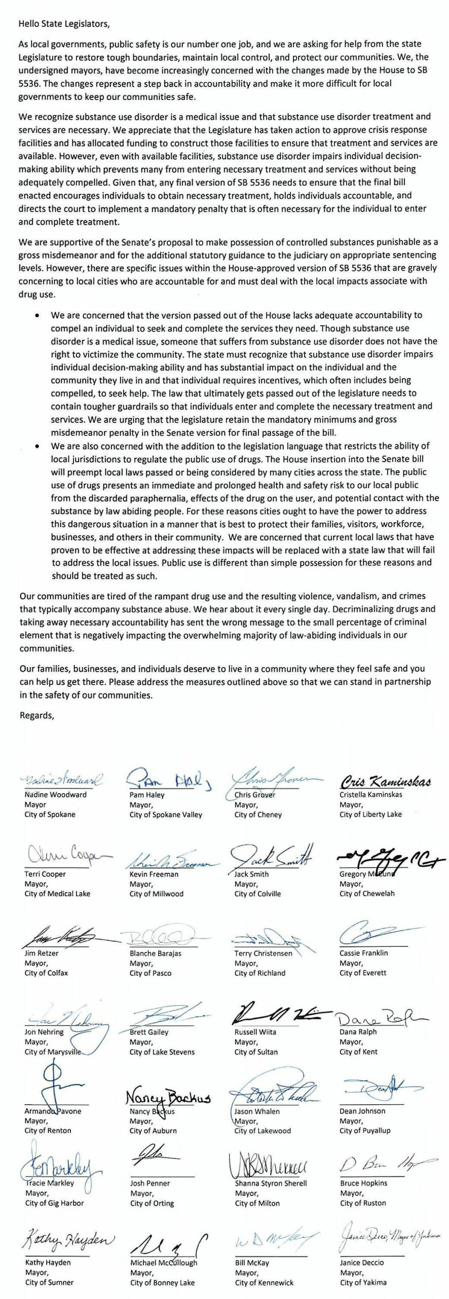 Letter sent to legislators from 28 mayors across the state.
