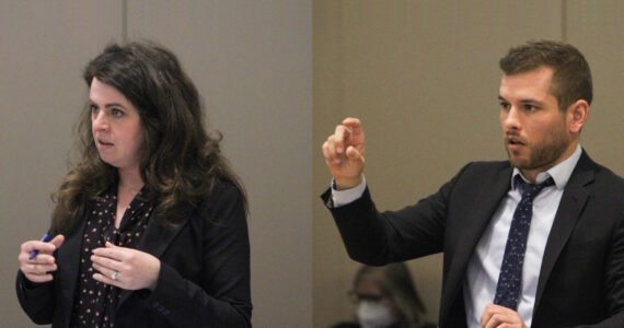 Alex Bruell / The Mirror 
In this composite picture, a prosecuting attorney (left) and Nicholas’ defense attorney (right) argue over pre-trial motions during the first day scheduled in the trial against Patrick Nicholas, accused of the 1991 murder of Sarah Yarborough. Judge Josephine Wiggs asked attending news media reporters not to photograph Nicholas in court at this time, as jury selection has not yet begun.