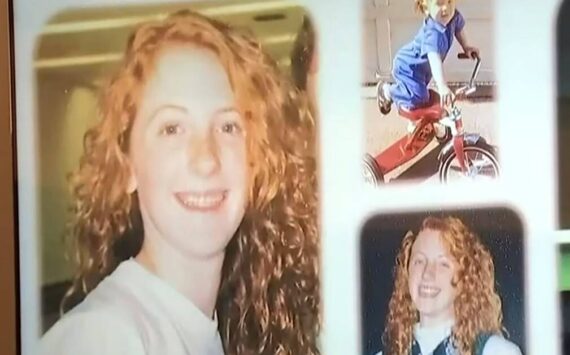 Photo via broadcast video feed. 
Photos of Sarah Yarborough were shared during the sentencing of Patrick Nicholas, who was convicted last month of killing Sarah in 1991.