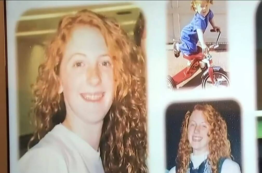 Photo via broadcast video feed. 
Photos of Sarah Yarborough were shared during the sentencing of Patrick Nicholas, who was convicted last month of killing Sarah in 1991.