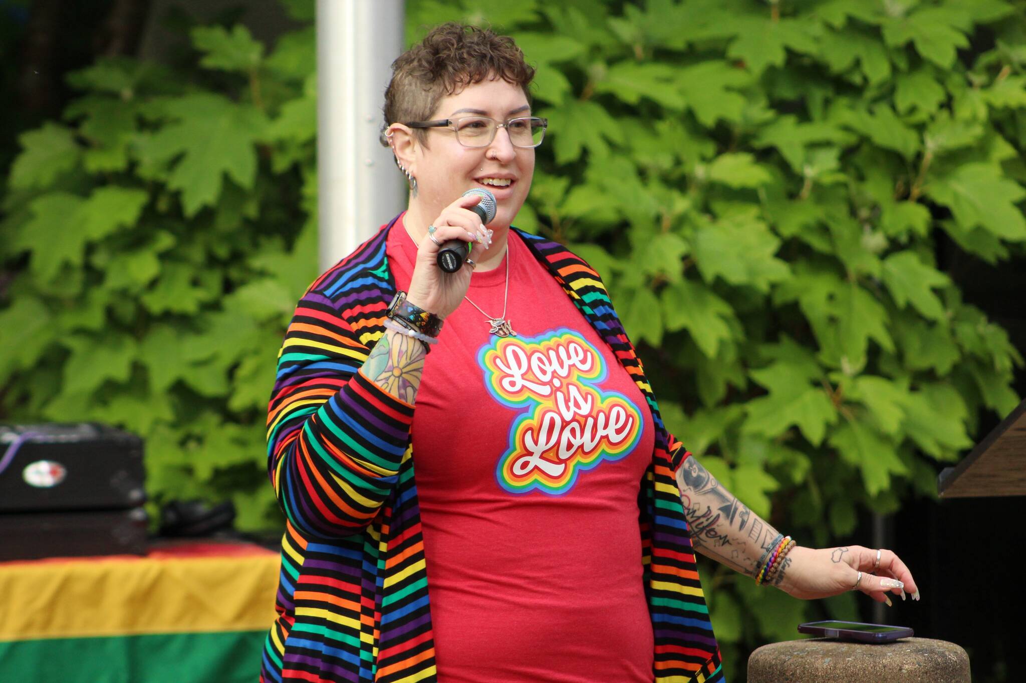 Allison Fine speaks during the pride flag raising at Federal Way City Hall on June 1. Alex Bruell / The Mirror