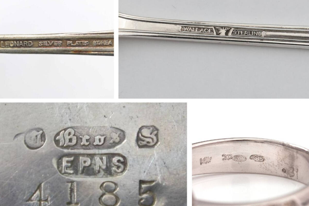 Examples of silver and silver plating marks. Photo courtesy of FWC Jewelers