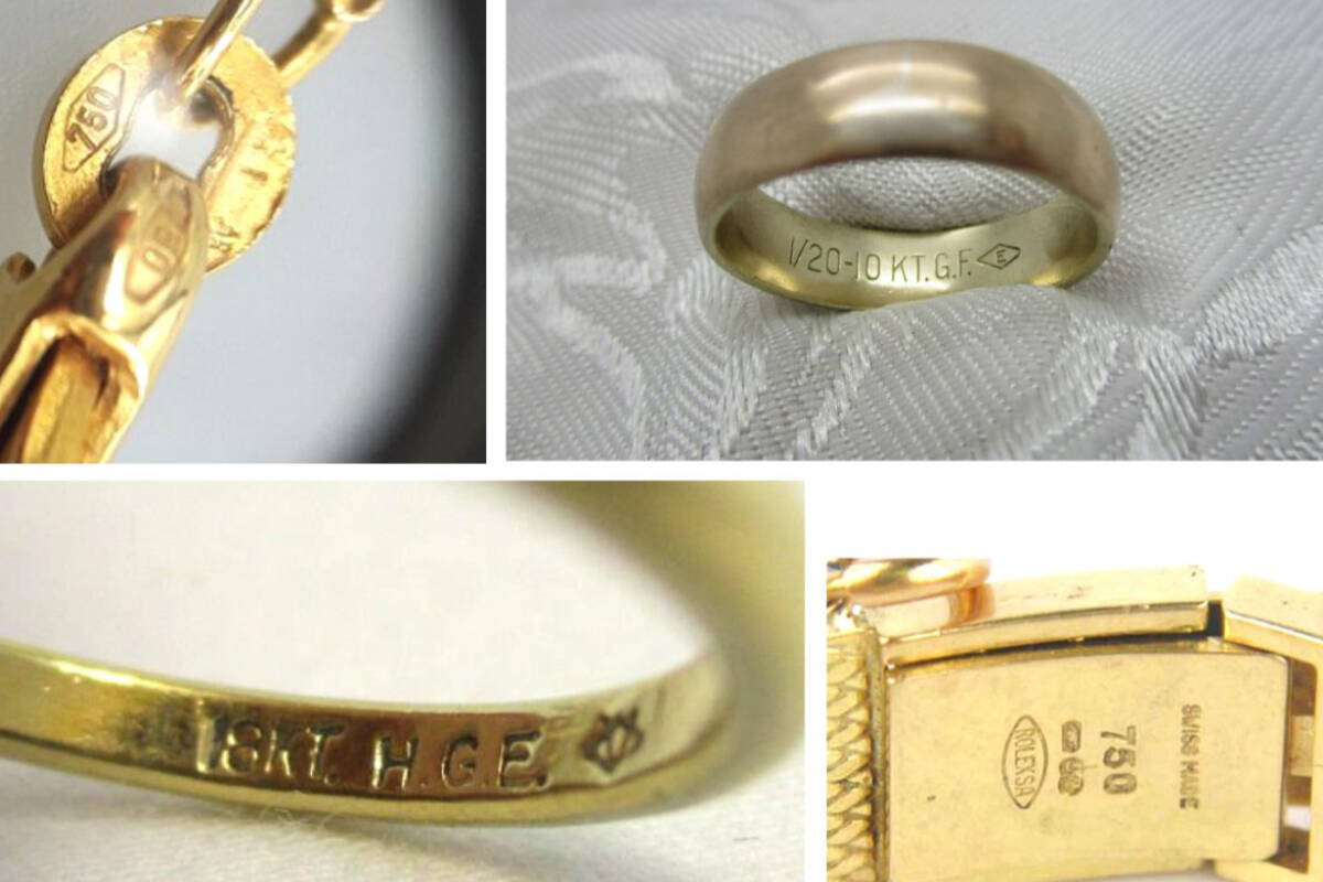 Examples of gold and gold plating marks. Photo courtesy of FWC Jewelers