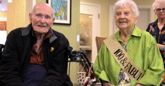 Alex Bruell / The Mirror 
Village Green’s two centenarians, World War II veteran Leo Thoennes and Esther Vine, celebrated Vine’s 100th birthday on June 16 at Federal Way’s Village Green retirement home.