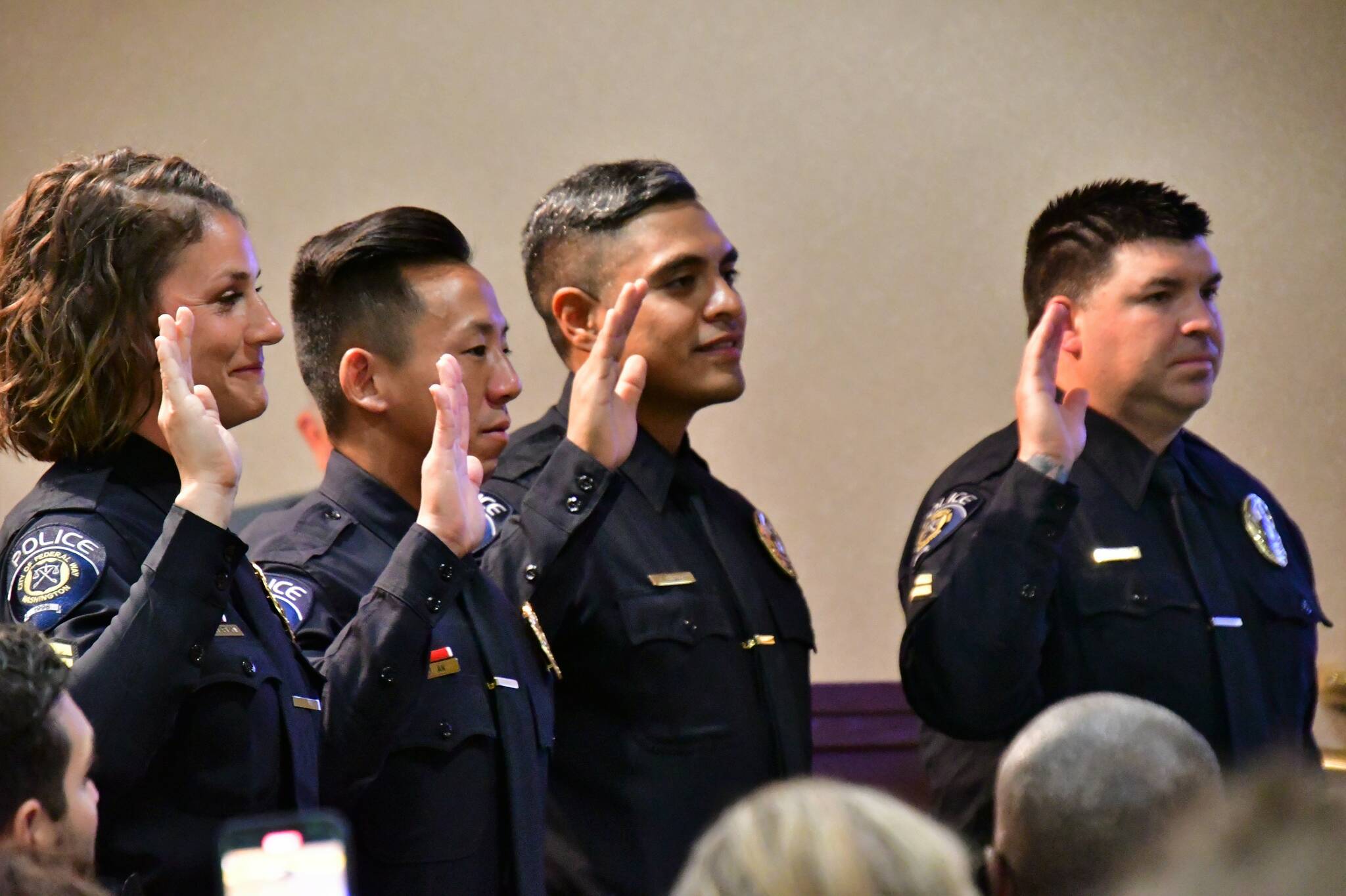Photo by Bruce Honda. 
From left to right: Corporals Hilary Mariani, Jae An, Ricardo Cuellar and Eric Reyna are sworn in during the July 5, 2023 city council meeting.