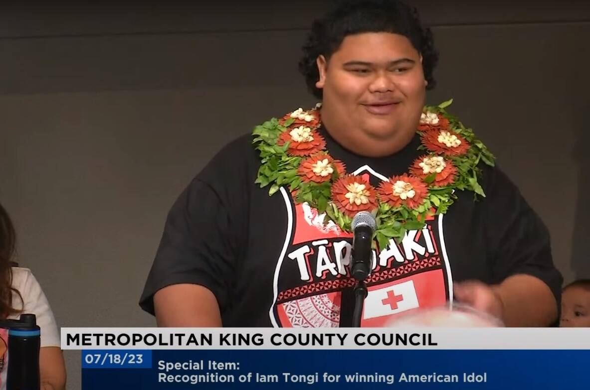 Screengrab from video of the meeting.
Iam Tongi was honored July 18 during the Metropolitan King County Council meeting.
