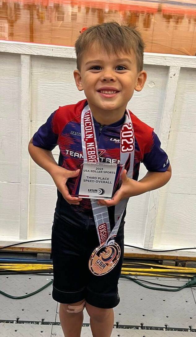 Team Xtreme’s Henny Jose, five years old, earned a bronze medal for his age group at the USA Inline Speed Skating Nationals in Lincoln, NE, in July. Photo courtesy National SpeedSkating Circuit.