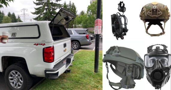 Photos of the Curtis Blue Line truck, which was broken into, and photos of the stolen items. Stolen items in photo include scuba diving equipment, two different helmets, and a scuba diving mask. (Photos courtesy of Federal Way Police Department)