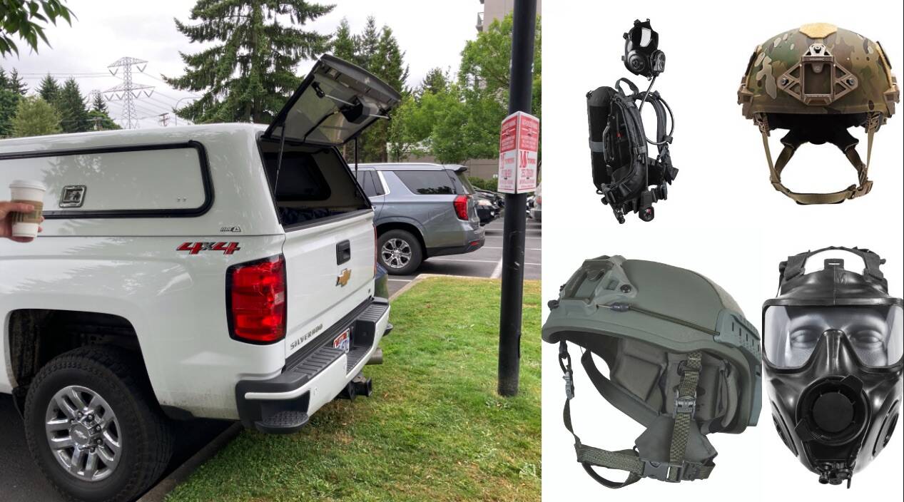 Photos of the Curtis Blue Line truck, which was broken into, and photos of the stolen items. Stolen items in photo include scuba diving equipment, two different helmets, and a scuba diving mask. (Photos courtesy of Federal Way Police Department)