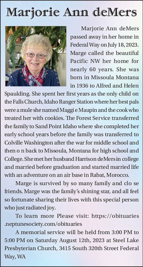 Marjorie Ann deMers | Obituary