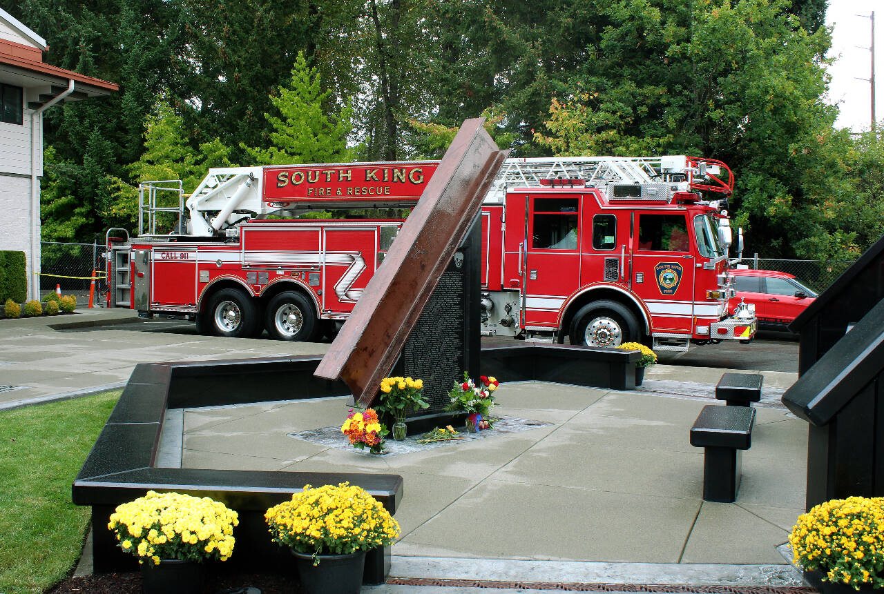 Mirror file photo
A 10-foot steel beam from the wreckage of the World Trade Center in New York is part of the South King Fire and Rescue’s memorial honoring the lives lost in the Sept. 11, 2001 terrorist attack.
A 10-foot steel beam from the wreckage of the World Trade Center in New York is part of the South King Fire and Rescue’s memorial honoring the lives lost in the Sept. 11, 2001, terrorist attack. Mirror file photo