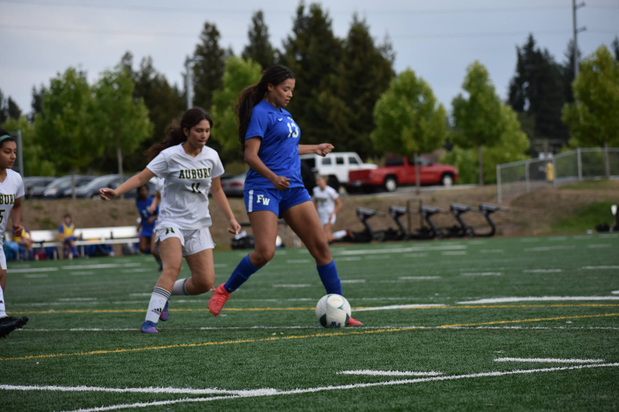 Federal Way's first goal scorer Jada Bynum with the ball at her feet. Ben Ray / The Mirror